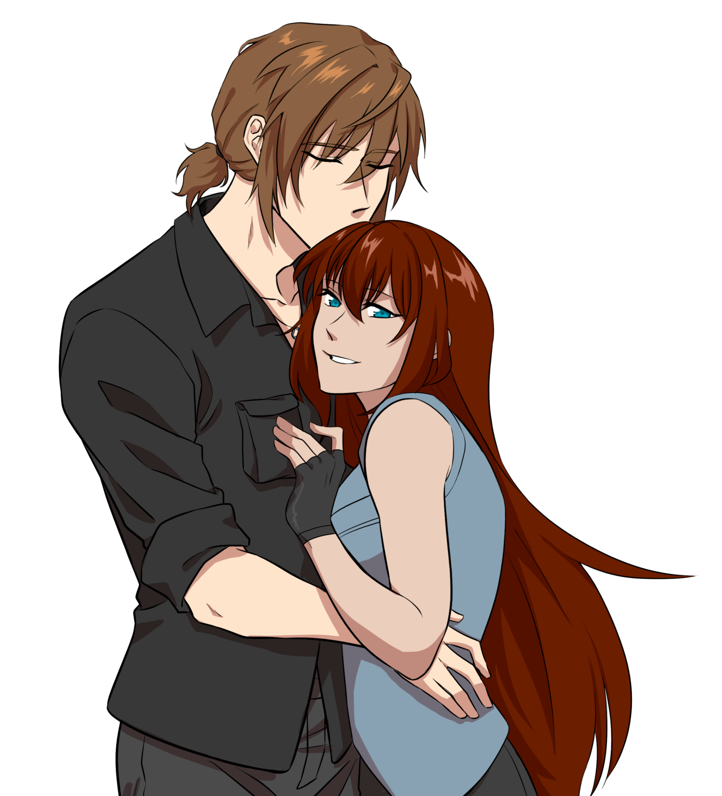 A picture of a brown haired man kissing the top of the head of a red haired woman. The man's eyes are closed while the woman's eyes are to the viewer.